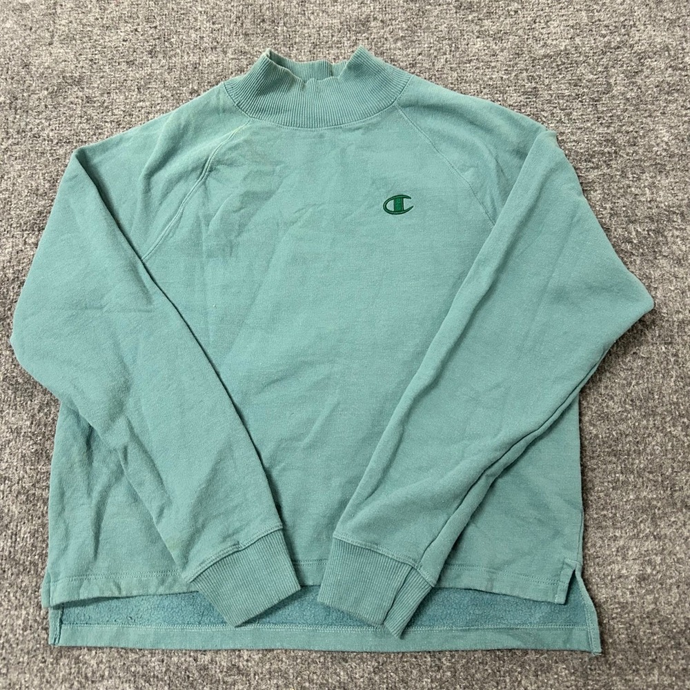 Champion Sweatshirt Womens Size S Teal Mock Neck Raglan Sleeve Cropped Pullover